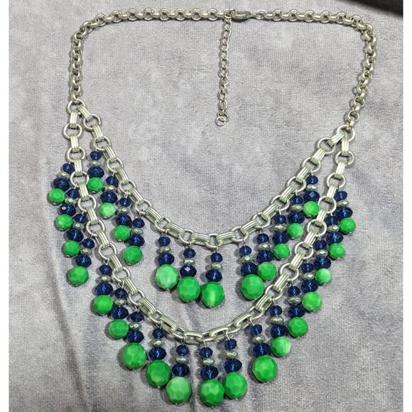 Funky Blue And Green Beaded Multilayer Fringe Necklace - Picture 6 of 6
